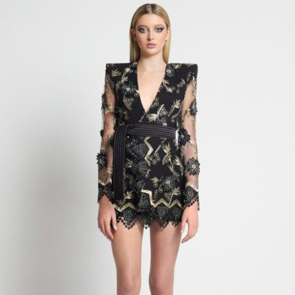 NWT Zhivago By The Way Black Mini Dress Size 2 Long Sleeve Embellish Lace Floral - Picture 1 of 7